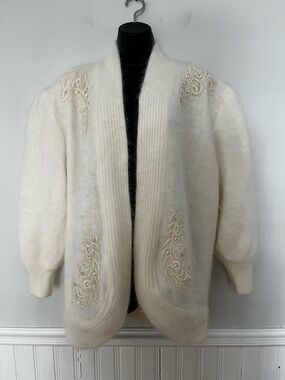 Vintage 80s Eddie Dassin Beaded Angora Cardigan, Size Medium